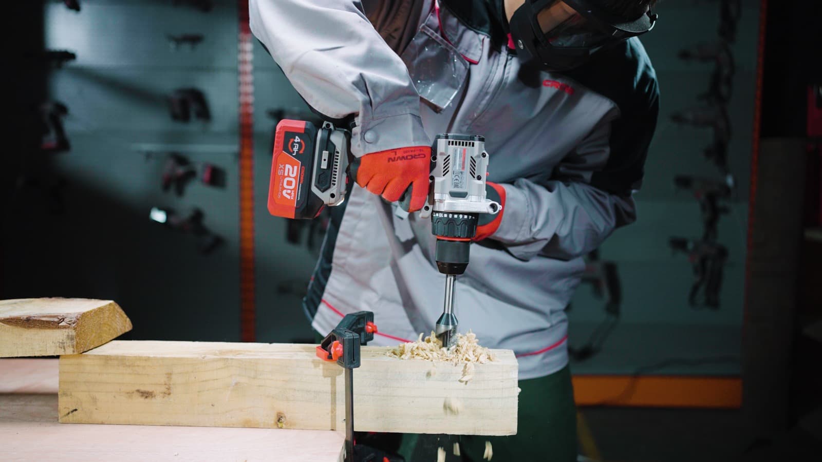 Crown 20V Hammer Drill — drilling into timber on job site
